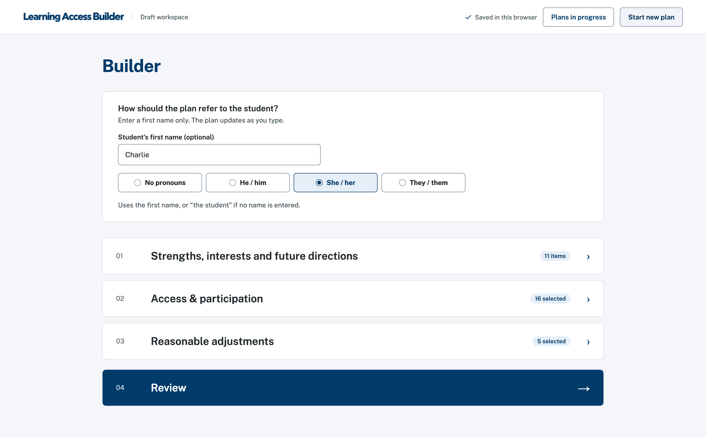 Builder in LAB, using an invented student example