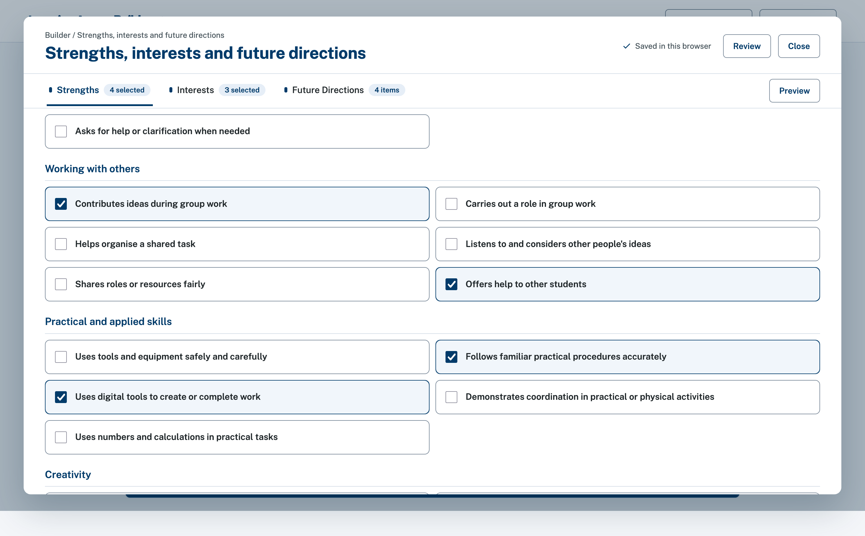 Strengths, interests and future directions in LAB, using an invented student example